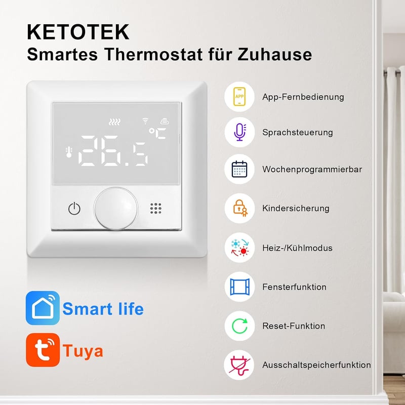 KETOTEK WiFi okos termosztát kazánhoz padlófűtéshez Alexa kompatibilis
