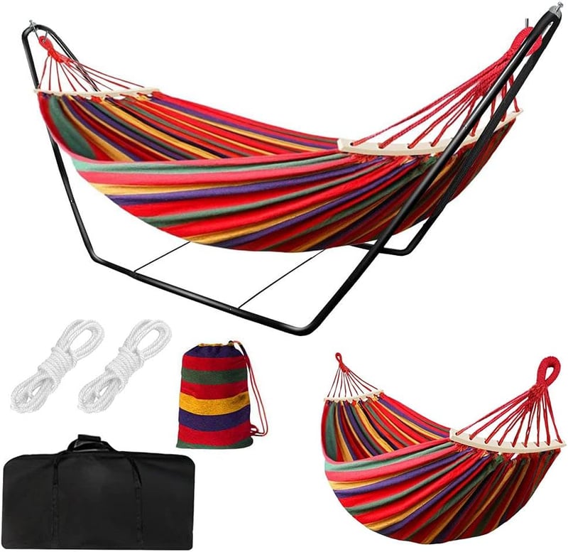 Kétszemélyes Függőágy Állvánnyal, 200x150 cm, 200 kg Teherbírás, Hordozható Táskával, Kempingezéshez, Túrázáshoz, Kertbe, Piros