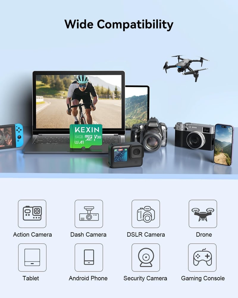 KEXIN 64GB Micro SD kártya 5 darab, UHS-I U3 V30 A1, 100MB/s, SD adapterrel, GoPro drón okostelefon