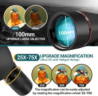 KEXWAXX Spektív 25-75x100mm - Vízálló IPX7 Távcső Vadászathoz, Sportlövészethez és Madármegfigyeléshez - FMC BAK4 Prizmás Fekete Állvánnyal  3