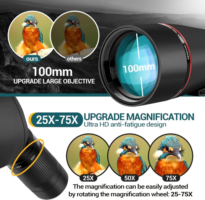 KEXWAXX Spektív 25-75x100mm - Vízálló IPX7 Távcső Vadászathoz, Sportlövészethez és Madármegfigyeléshez - FMC BAK4 Prizmás Fekete Állvánnyal 
