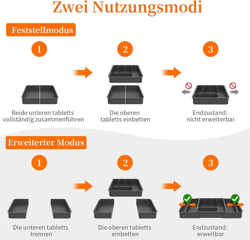 KeZaara Evőeszköztartó Fiókba 40 cm - Állítható, Kivehető Konyhai Rendszerező (36,2 x 47 cm) - Fekete Polipropilén Evőeszköz Szervező