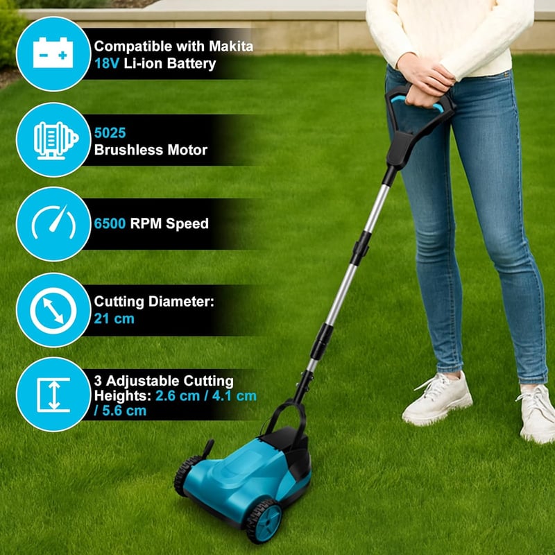 Kézi fűnyíró, kefe nélküli motorral, 21 cm vágásszélességgel, Makita 18V akkumulátoros kompatibilitás  3 magasságállítással