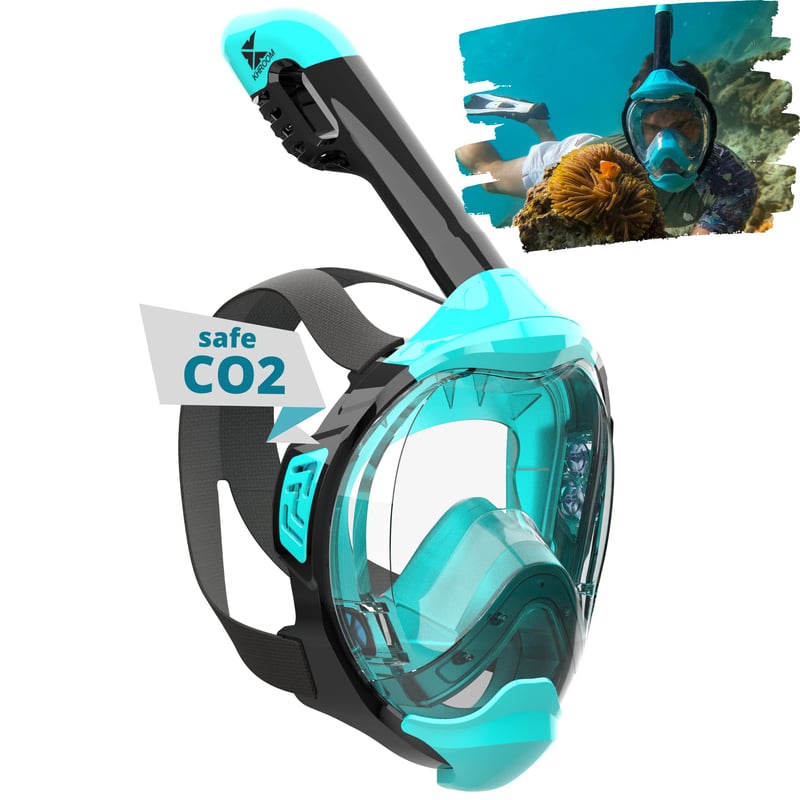 Mască de snorkeling cu față completă Khroom Seaview Y pentru adulți și copii - Mărimea S/M, Turcoaz - Set mască de scufundări cu siguranță CO2