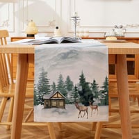 Față de masă tip runner de Crăciun Kiatuniya cu model de ren și brad în acuarelă, decor lavabil, 13x72 inch 2