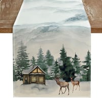 Față de masă tip runner de Crăciun Kiatuniya cu model de ren și brad în acuarelă, decor lavabil, 13x72 inch 1