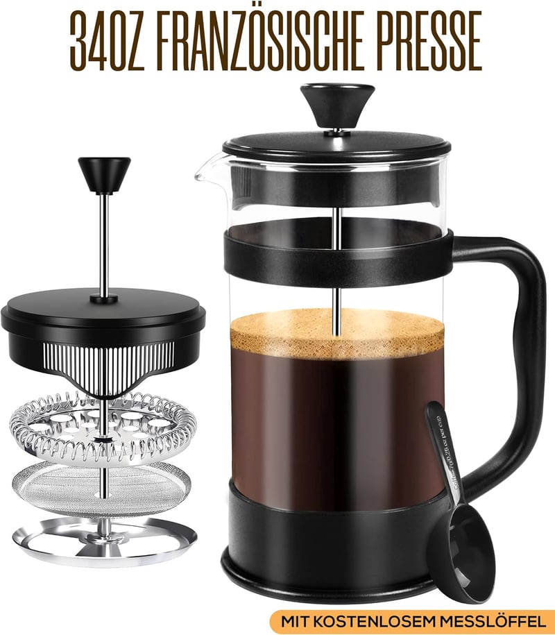 KICHLY Franciaprés Kávéfőző Rozsdamentes Szűrővel 1 Liter 8 Csésze Fekete