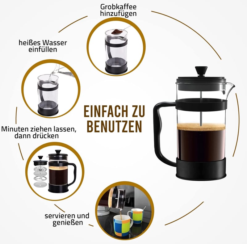 KICHLY Franciaprés Kávéfőző Rozsdamentes Szűrővel 1 Liter 8 Csésze Fekete