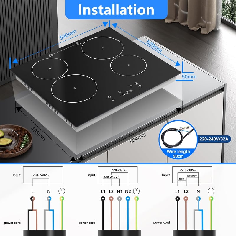 KICHPOWER 4 égőfejű beépíthető üvegkerámia főzőlap 60cm, 6000W, érintésvezérlés, 9 fokozat - Glaskeramikkochfeld 4 Zonen
