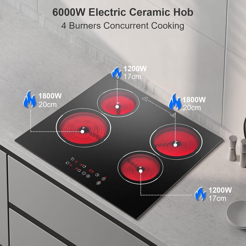 KICHPOWER 4 égőfejű beépíthető üvegkerámia főzőlap 60cm, 6000W, érintésvezérlés, 9 fokozat - Glaskeramikkochfeld 4 Zonen