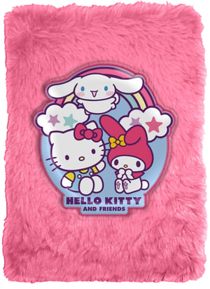 Caiet de notițe plușat Hello Kitty și prietenii săi, A5, dictando, cu copertă moale, pentru fete, roz, cu o pată de cerneală neagră (stare: vezi a 2-a imagine)
