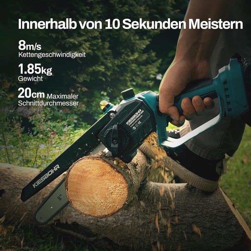 KIESBOHR 8 Colos Akkumulátoros Láncfűrész Olajozóval, Kefe Nélküli Motorral, 18V Makita Kompatibilis, 2 Lánccal (Akkumulátor Nélkül)