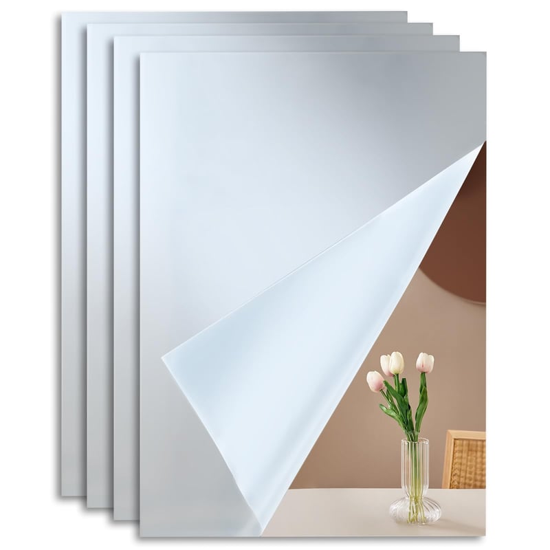 Oglindă autoadezivă Kievano, 4 bucăți, 30x20 cm, plăci de oglindă acrilice de 2 mm, flexibile, incasabile, folie decorativă de oglindă pentru perete, pentru baie, dormitor, hol