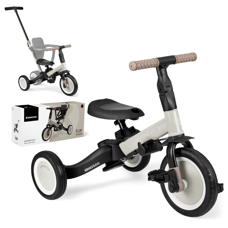 Triciclu 5 în 1 KikkaBoo FLIP, Bicicletă fără pedale, pentru copii de la 1 la 5 ani, cu mâner parental, poate fi utilizat și fără pedale, convertibil, bej