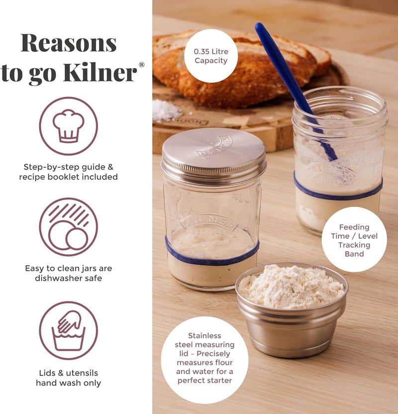Kilner Kovászindító Készlet 5 Részes, 2x350ml Üveg Rozsdamentes Fedéllel és Spatulával - Sourdough Starter Set