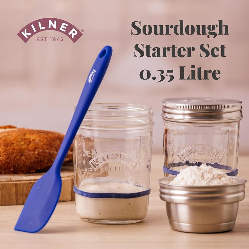 Kilner Kovászindító Készlet 5 Részes, 2x350ml Üveg Rozsdamentes Fedéllel és Spatulával - Sourdough Starter Set