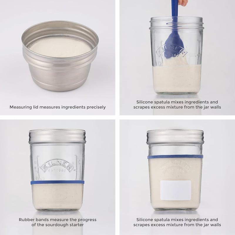 Kilner Kovászindító Készlet 5 Részes, 2x350ml Üveg Rozsdamentes Fedéllel és Spatulával - Sourdough Starter Set
