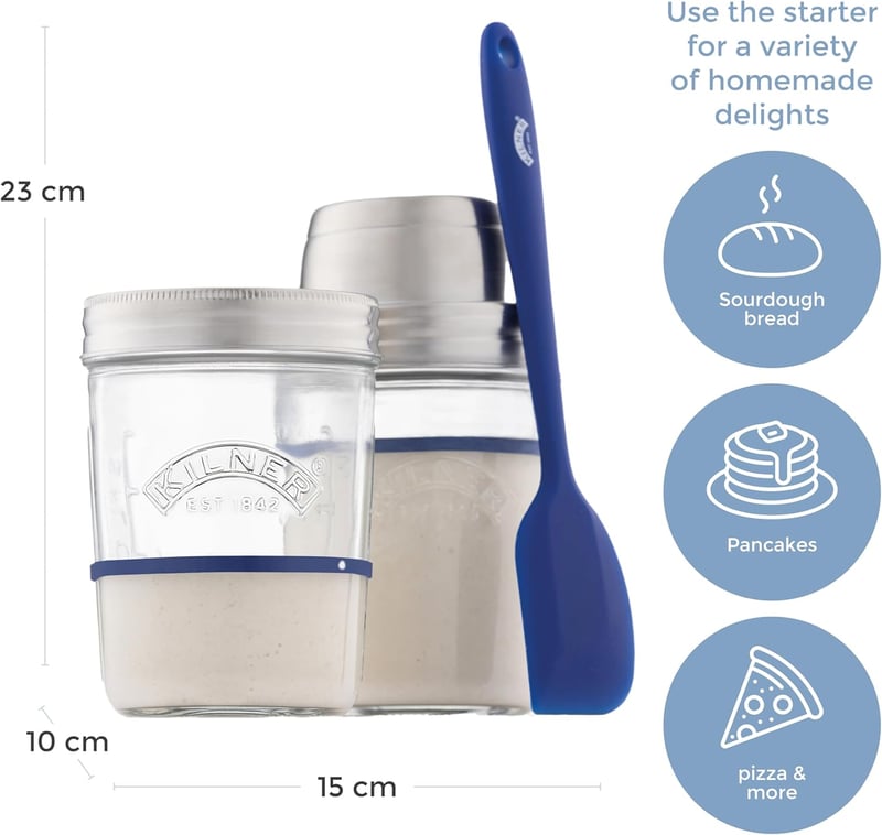 Kilner Kovászindító Készlet 5 Részes, 2x350ml Üveg Rozsdamentes Fedéllel és Spatulával - Sourdough Starter Set