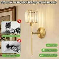 Lampă de perete LED Kimjo, vintage, aurie, cu cristale, reîncărcabilă prin USB-C, fără fir, reglabilă, pentru dormitor și hol 3