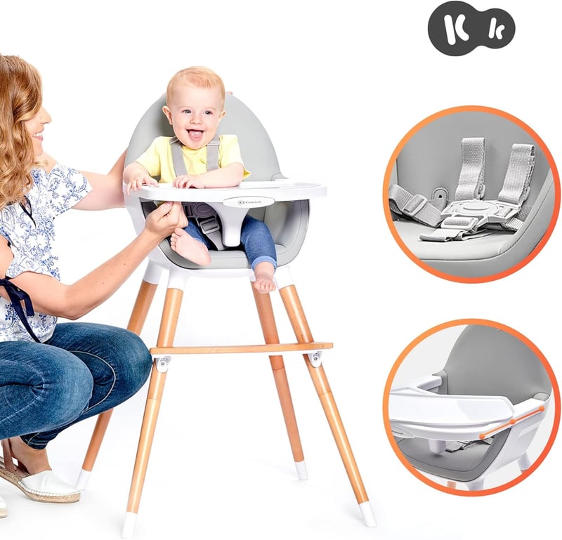 Kinderkraft Fini 2az1ben Etetőszék, Fa Lábakkal, Biztonsági Övvel, Szürke