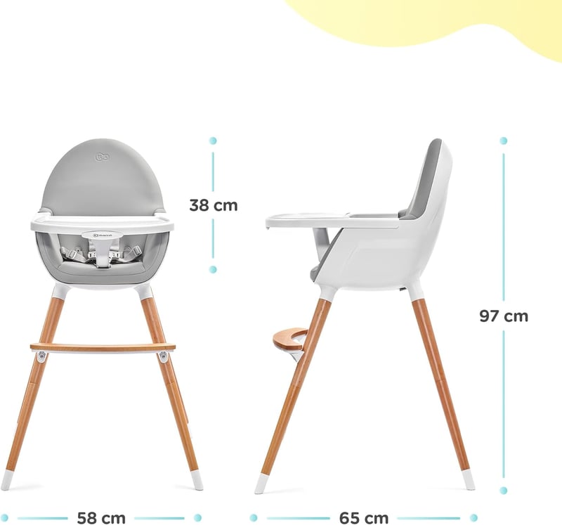 Kinderkraft Fini 2az1ben Etetőszék, Fa Lábakkal, Biztonsági Övvel, Szürke