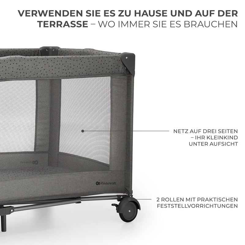 Kinderkraft Joy 2 összecsukható utazó járulék, 2 az 1-ben baba ágy, kerekekkel, sötétszürke - Dark Grey, JOY 2