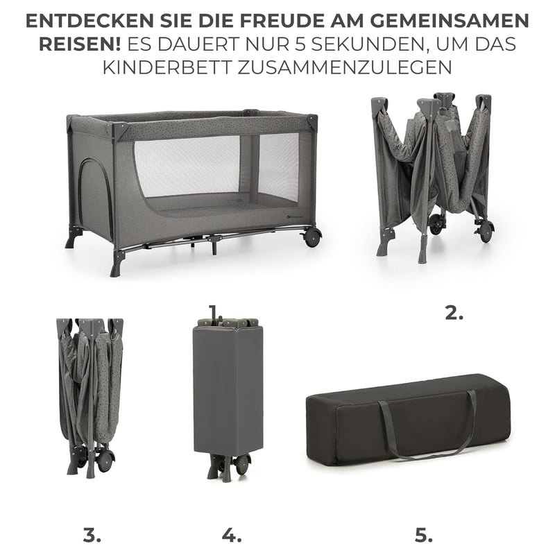 Kinderkraft Joy 2 összecsukható utazó járulék, 2 az 1-ben baba ágy, kerekekkel, sötétszürke - Dark Grey, JOY 2