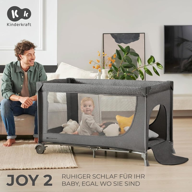 Kinderkraft Joy 2 összecsukható utazó járulék, 2 az 1-ben baba ágy, kerekekkel, sötétszürke - Dark Grey, JOY 2