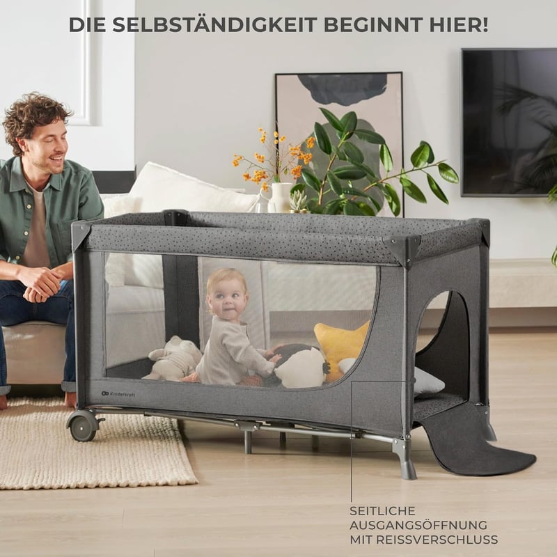Kinderkraft Joy 2 összecsukható utazó járulék, 2 az 1-ben baba ágy, kerekekkel, sötétszürke - Dark Grey, JOY 2
