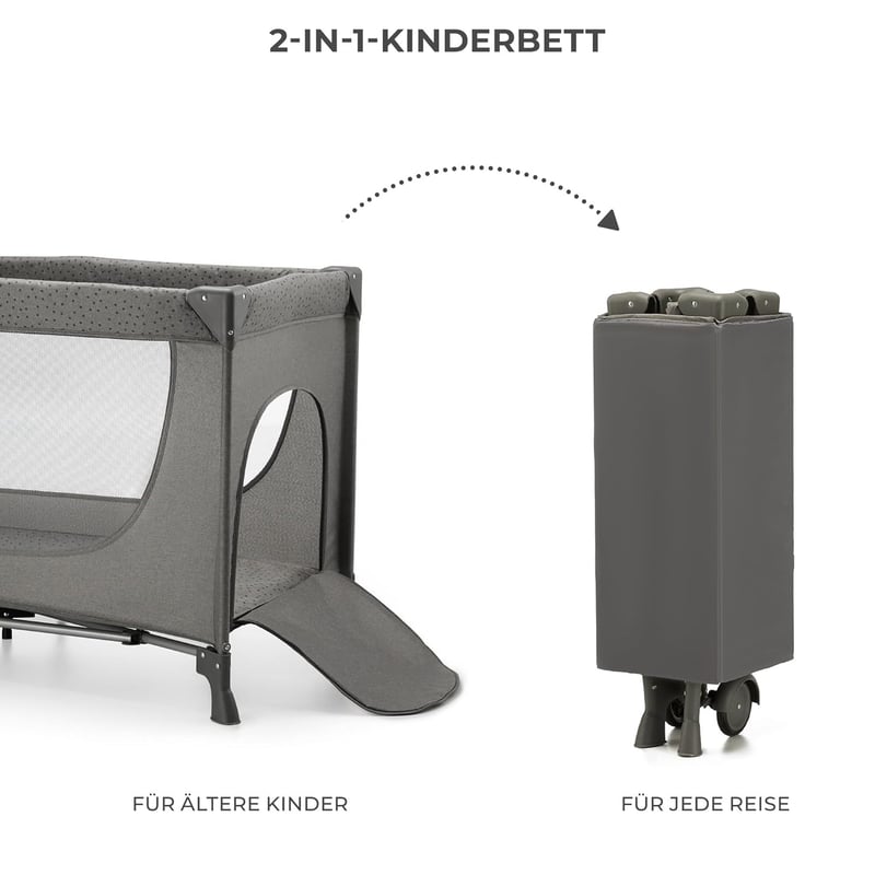 Kinderkraft Joy 2 összecsukható utazó járulék, 2 az 1-ben baba ágy, kerekekkel, sötétszürke - Dark Grey, JOY 2