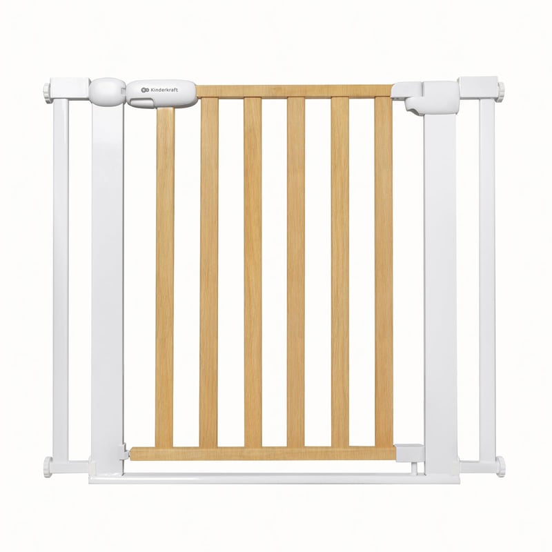 Poartă de siguranță pentru copii Kinderkraft Lock&GO, fără găurire, 75-103 cm, deschidere la 90 de grade, blocare dublă, albă