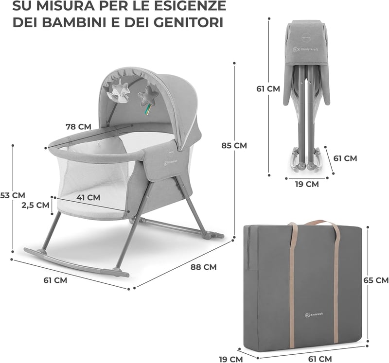 Kinderkraft LOVI összecsukható utazó kiságy baldachinos matracával 0-9 kg szürke - Gray, Single
