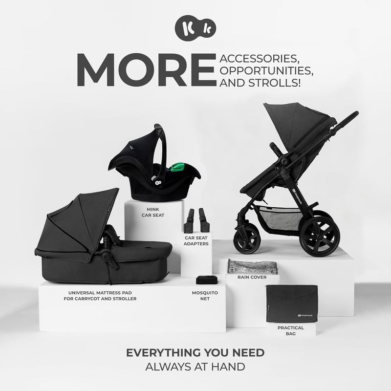 Kinderkraft MOOV CT 3 az 1-ben babakocsi szett Mink PRO I-Size autósüléssel, összecsukható, újszülöttől 3 éves korig, fekete