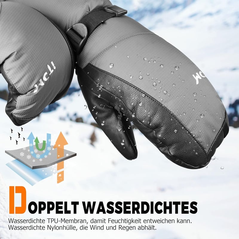 Mănuși de schi de iarnă Kineed pentru bărbați - Impermeabile, compatibile cu ecran tactil, mențin mâinile calde până la -28°C, căptușite cu puf de gâscă, palmă anti-alunecare - Mărimea L, Gri