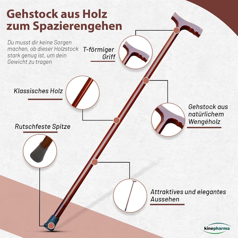 KINEPHARMA ergonomikus fa sétapálca időseknek Derby markolattal, 92 cm, 1,70-1,85 m testmagassághoz, férfiaknak és nőknek