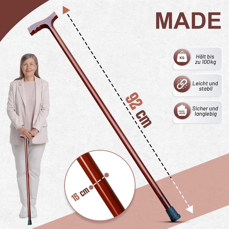 KINEPHARMA ergonomikus fa sétapálca időseknek Derby markolattal, 92 cm, 1,70-1,85 m testmagassághoz, férfiaknak és nőknek