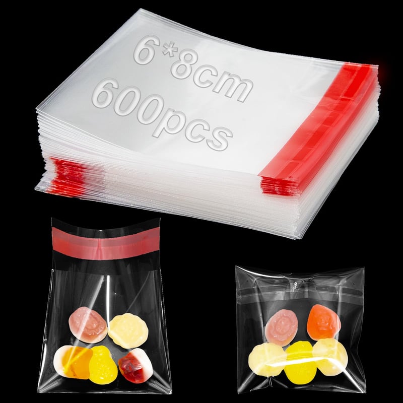 Pungi din celofan KINETOX autoadezive 6x8 cm, pungi transparente din plastic resigilabile pentru biscuiți, dulciuri, bijuterii, 600 buc