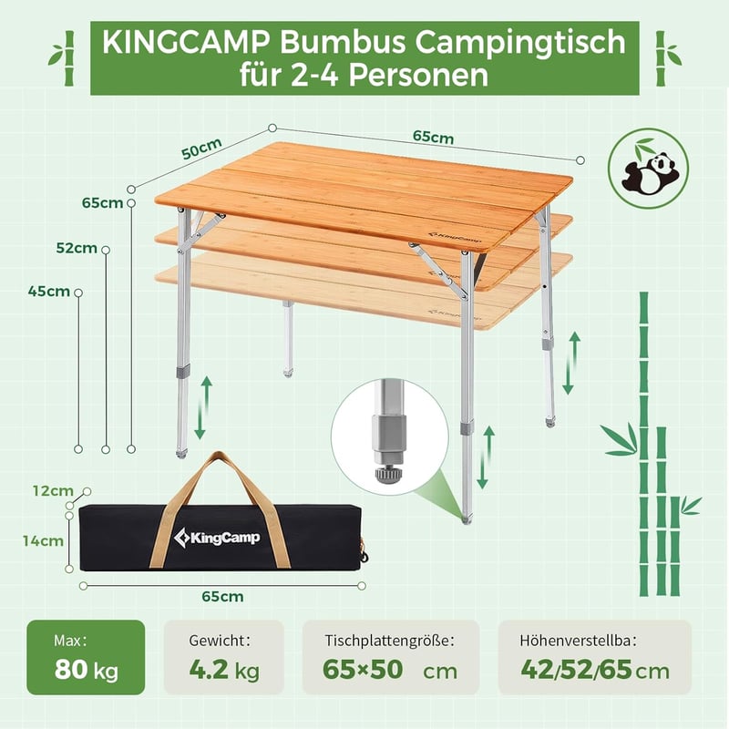 KingCamp bambusz összecsukható camping asztal 45-65 cm magasság 80 kg