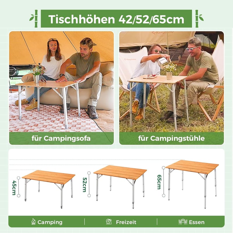 KingCamp bambusz összecsukható camping asztal 45-65 cm magasság 80 kg