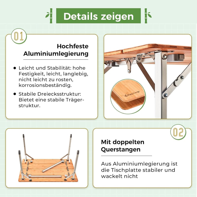 KingCamp bambusz összecsukható camping asztal 45-65 cm magasság 80 kg