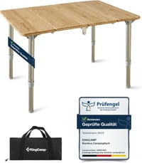 KingCamp bambusz összecsukható kempingasztal hordtáskával, állítható magasságú lábakkal - 47.2" x 27.6", BambooFold 1