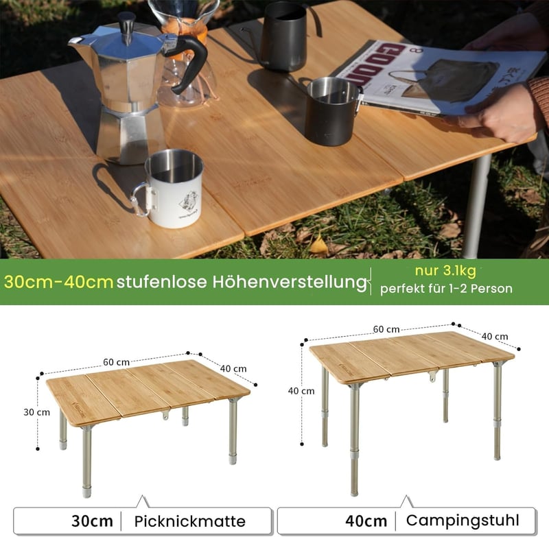 KingCamp bambusz összecsukható kempingasztal hordtáskával, állítható magasságú lábakkal - 47.2" x 27.6", BambooFold