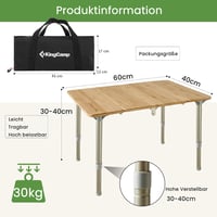 KingCamp bambusz összecsukható kempingasztal hordtáskával, állítható magasságú lábakkal - 47.2" x 27.6", BambooFold 4