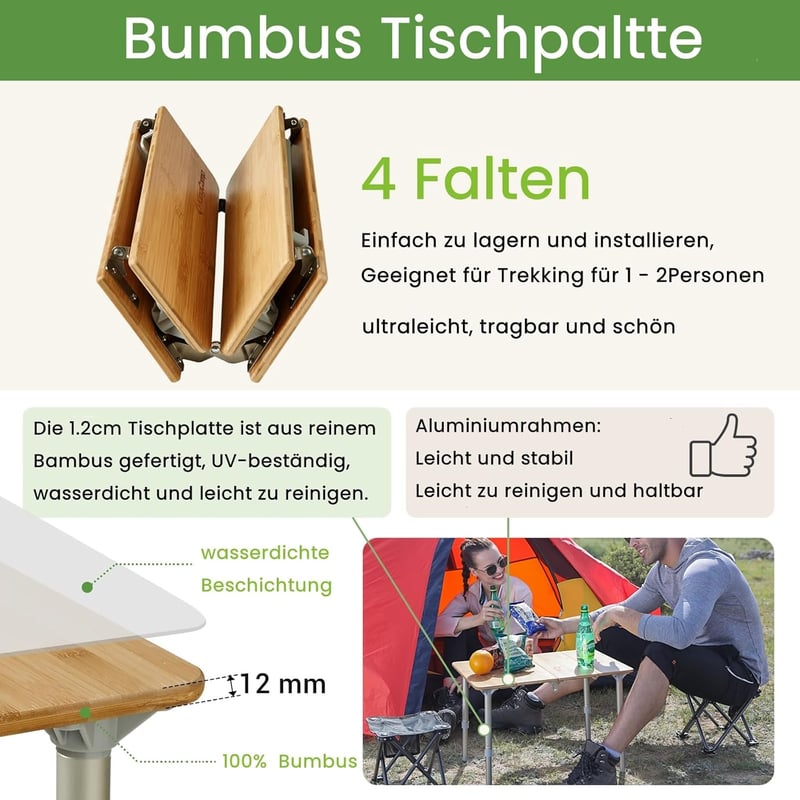 KingCamp bambusz összecsukható kempingasztal hordtáskával, állítható magasságú lábakkal - 47.2" x 27.6", BambooFold