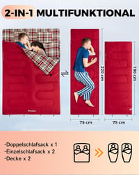 KingCamp Dupla Hálózsák 4 Évszakos, Téli Kempingzsák 2 Személyes, Szétválasztható, Flanell Párnákkal, -13°C, Piros, 220x150cm 7