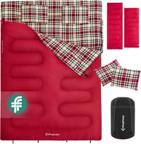 KingCamp Dupla Hálózsák 4 Évszakos, Téli Kempingzsák 2 Személyes, Szétválasztható, Flanell Párnákkal, -13°C, Piros, 220x150cm 1
