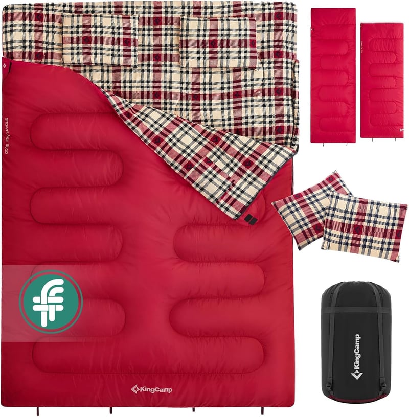 KingCamp Dupla Hálózsák 4 Évszakos, Téli Kempingzsák 2 Személyes, Szétválasztható, Flanell Párnákkal, -13°C, Piros, 220x150cm