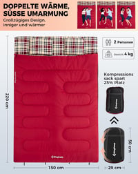 KingCamp Dupla Hálózsák 4 Évszakos, Téli Kempingzsák 2 Személyes, Szétválasztható, Flanell Párnákkal, -13°C, Piros, 220x150cm 2