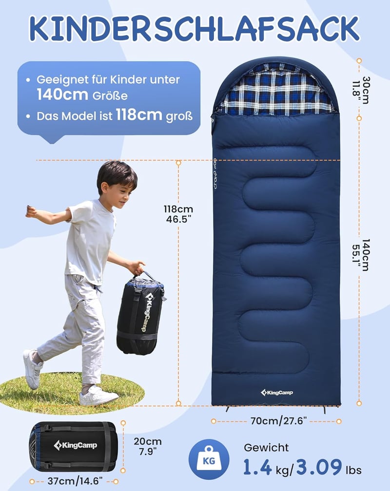 KingCamp Gyerek Hálózsák 170x70cm Téli Meleg Takaró 3-4 Évszak Camping Túrázás - Navy L