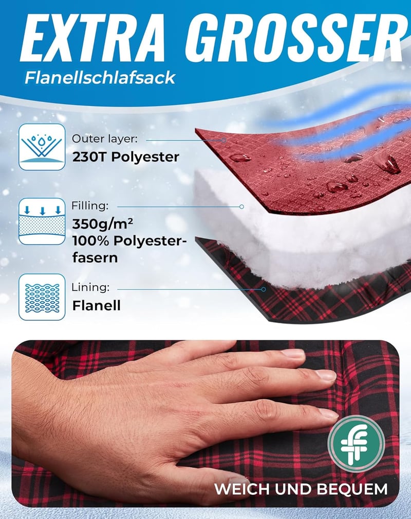 KingCamp Hálózsák XXL Felnőtt Piros Flanell Bélés 220x100cm Téli Kempingezés Túrázás Szabadtéri Tevékenység 4 Évszak